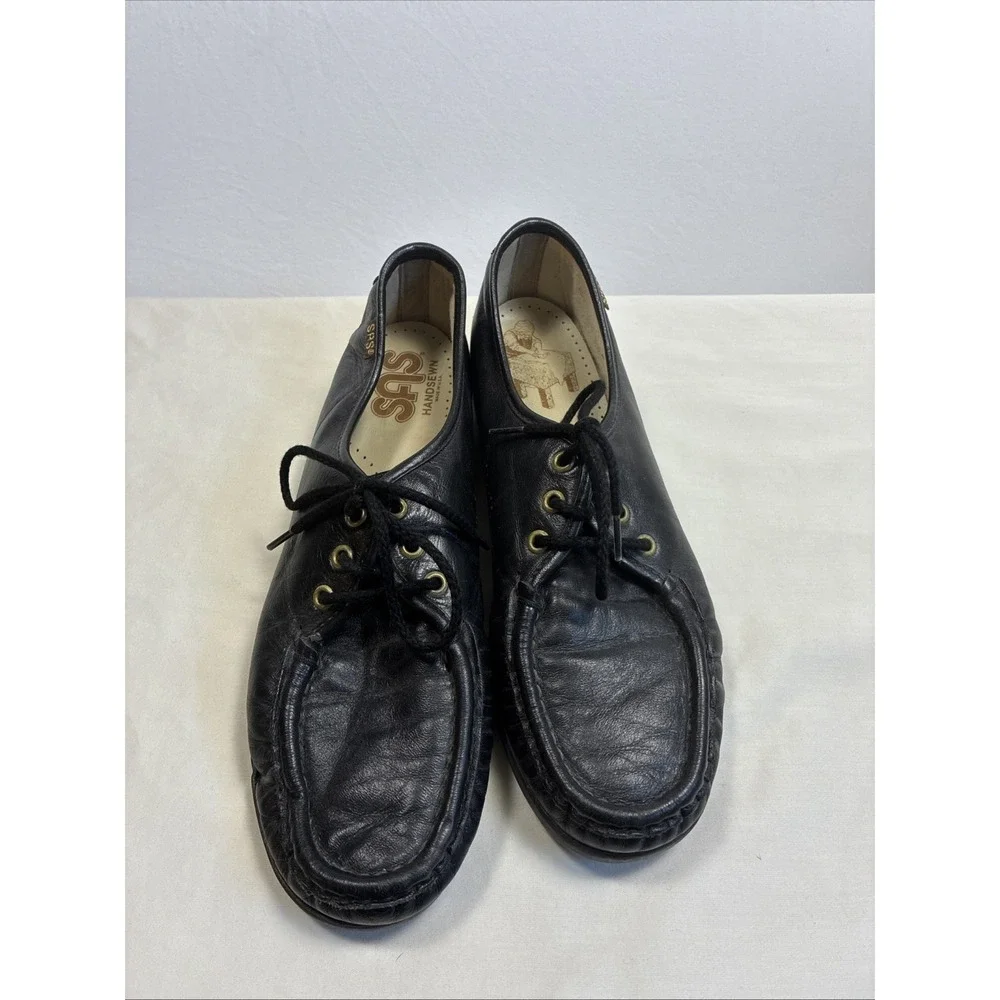 SAS Black Leather Loafers Lace Up Comfort Walking Shoes Soft Step Heel Womens 9